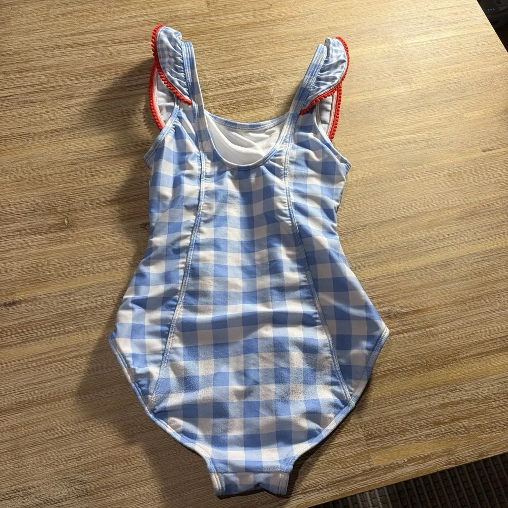 Cat&jack One Piece Swimsuit Blue&white Check Red Pom Trim Size Large 10/12